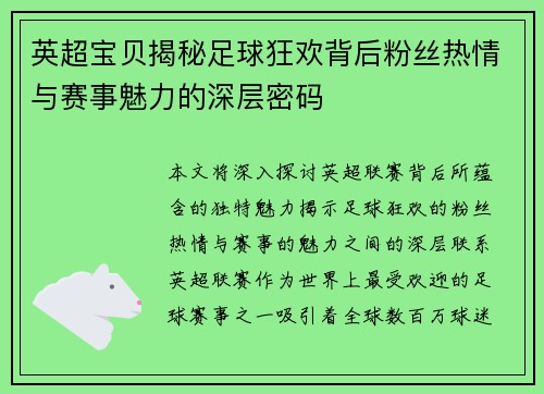 英超宝贝揭秘足球狂欢背后粉丝热情与赛事魅力的深层密码